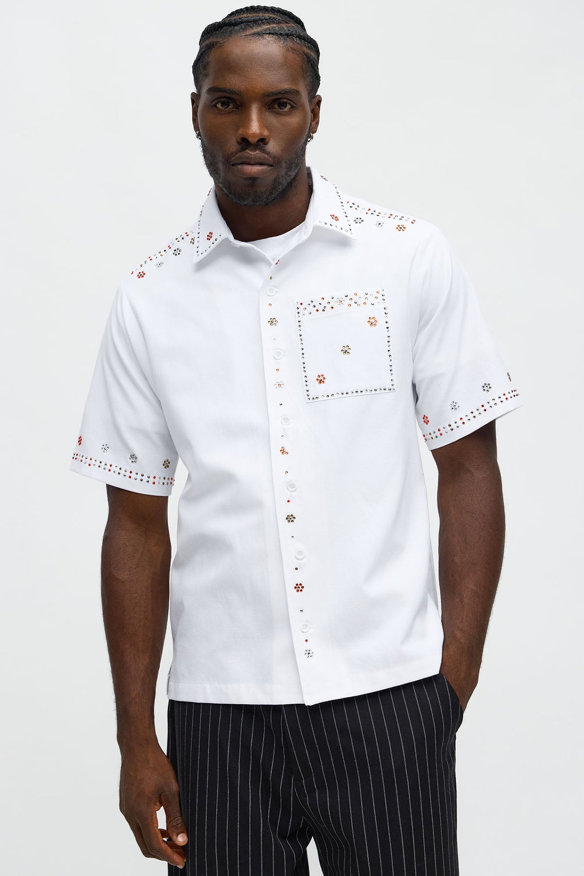 Midnight Blossom Rhinestone Button Up - White