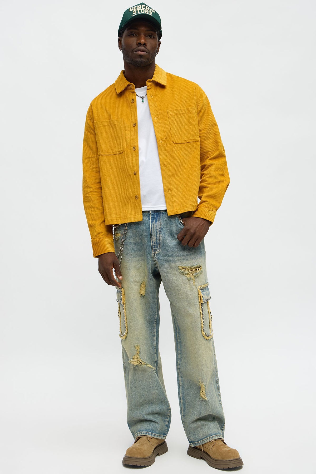 Cropped Corduroy Button Up Shirt - Mustard