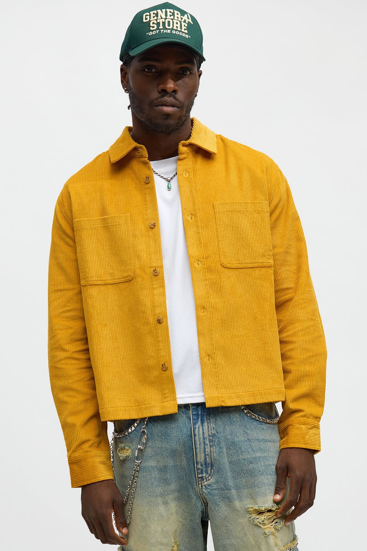 Cropped Corduroy Button Up Shirt - Mustard