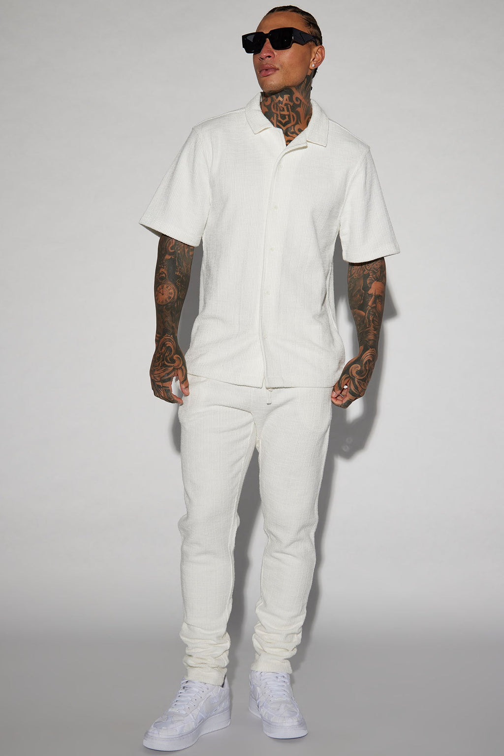 Dean Textured Short Sleeve Button Up Shirt - White