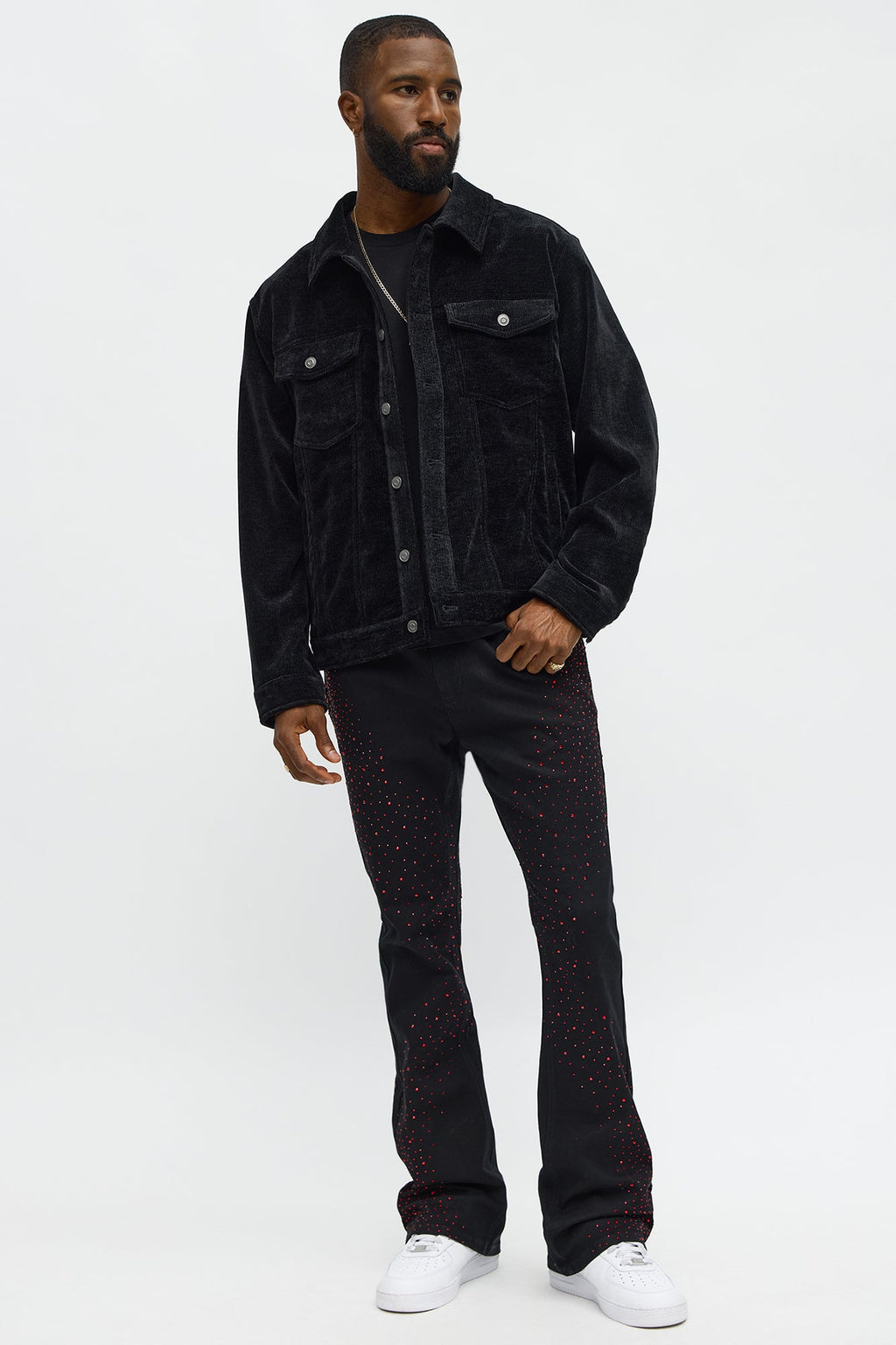 Stacked Skinny Flare Be Jeweled Up Pants - Black/Red