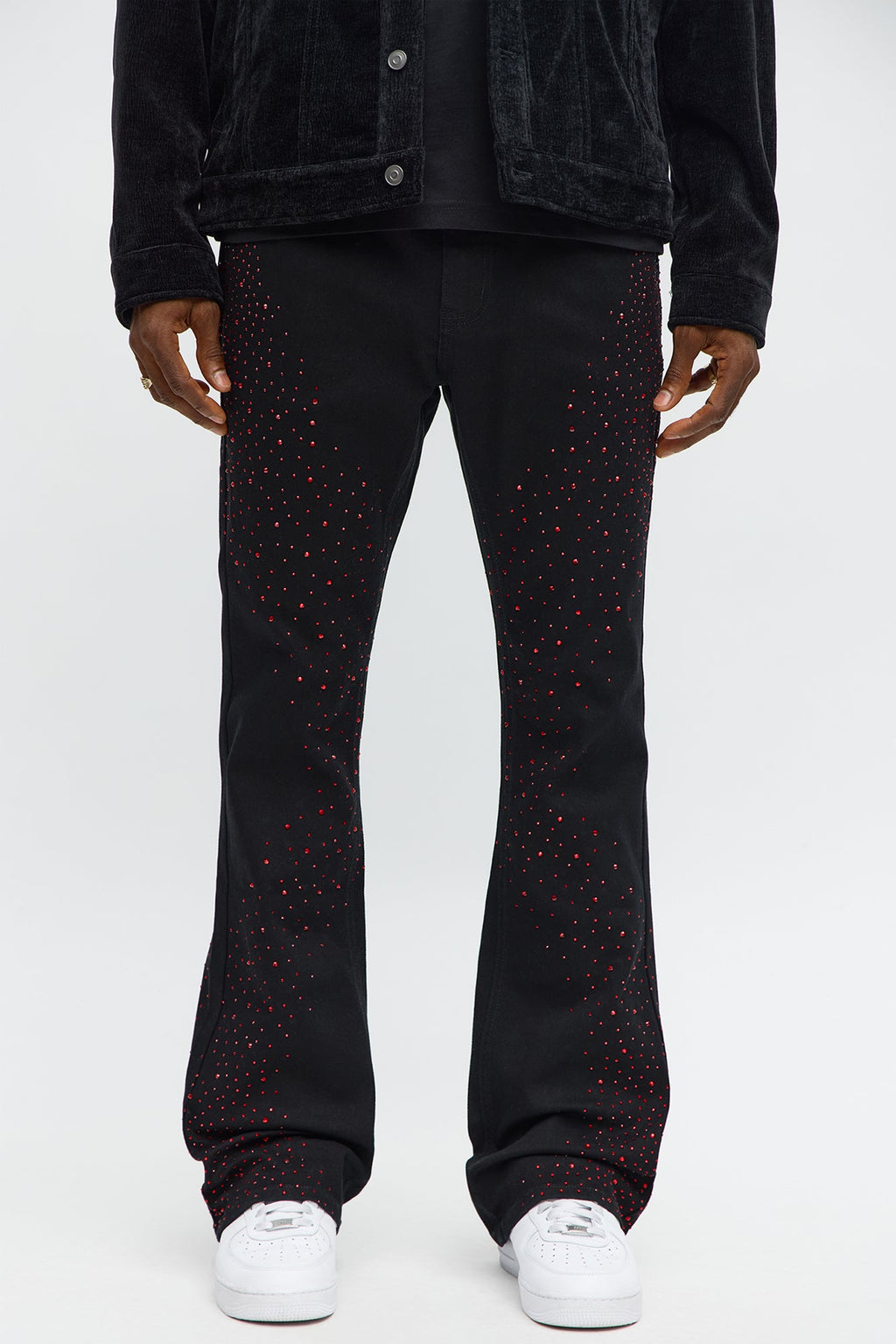 Stacked Skinny Flare Be Jeweled Up Pants - Black/Red