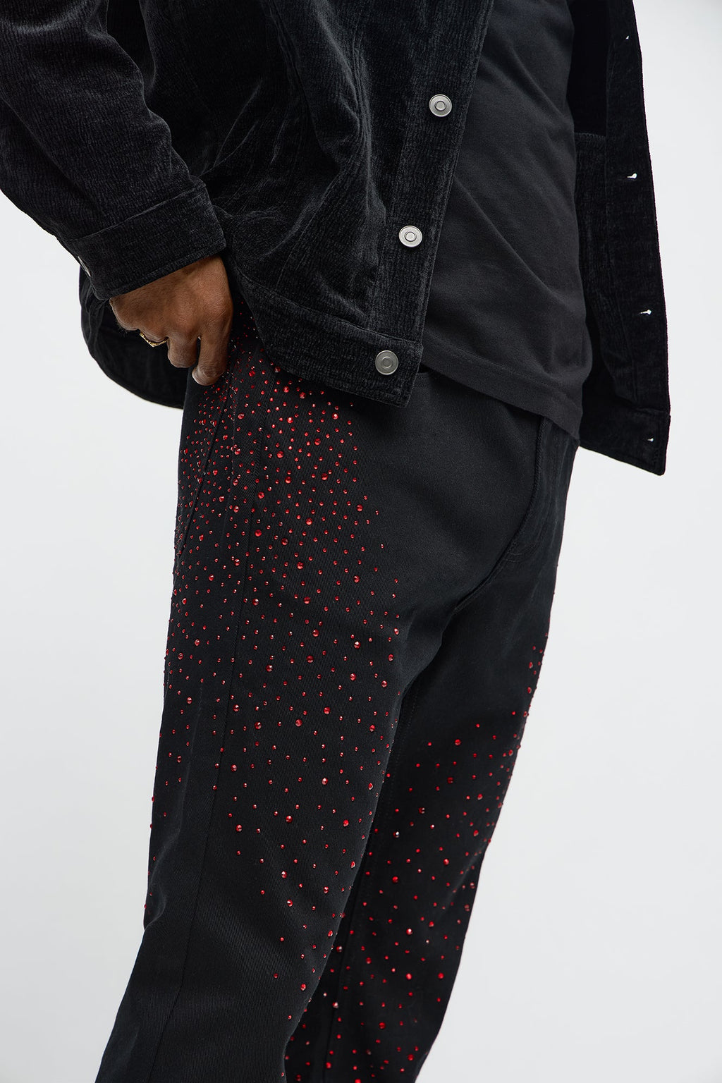 Stacked Skinny Flare Be Jeweled Up Pants - Black/Red