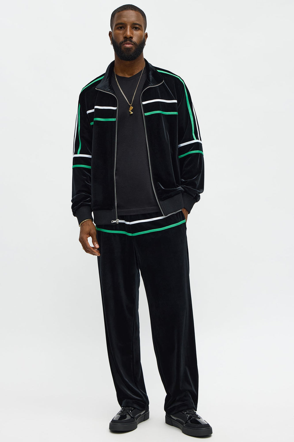 Velour Piped Courtside Straight Track Pant - Black/Green