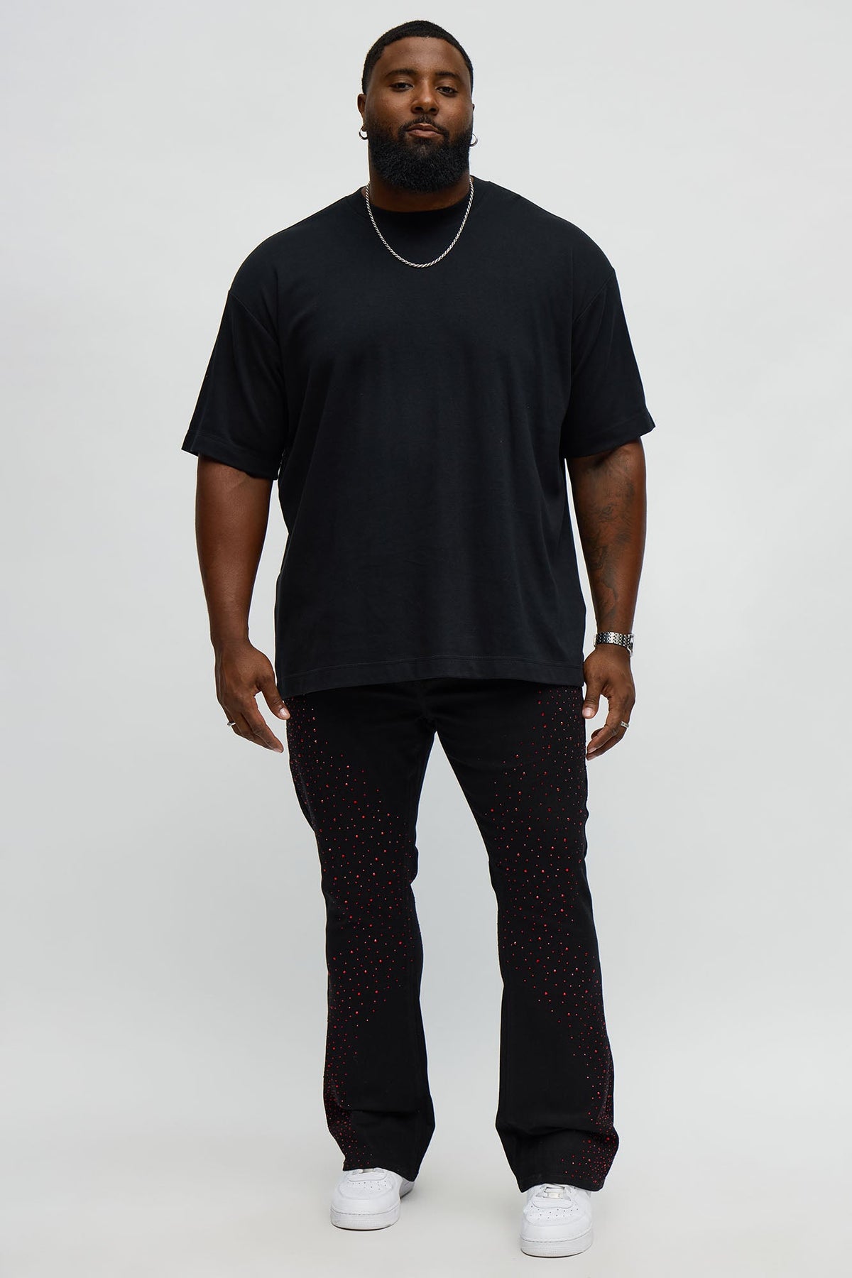 Stacked Skinny Flare Be Jeweled Up Pants - Black/Red