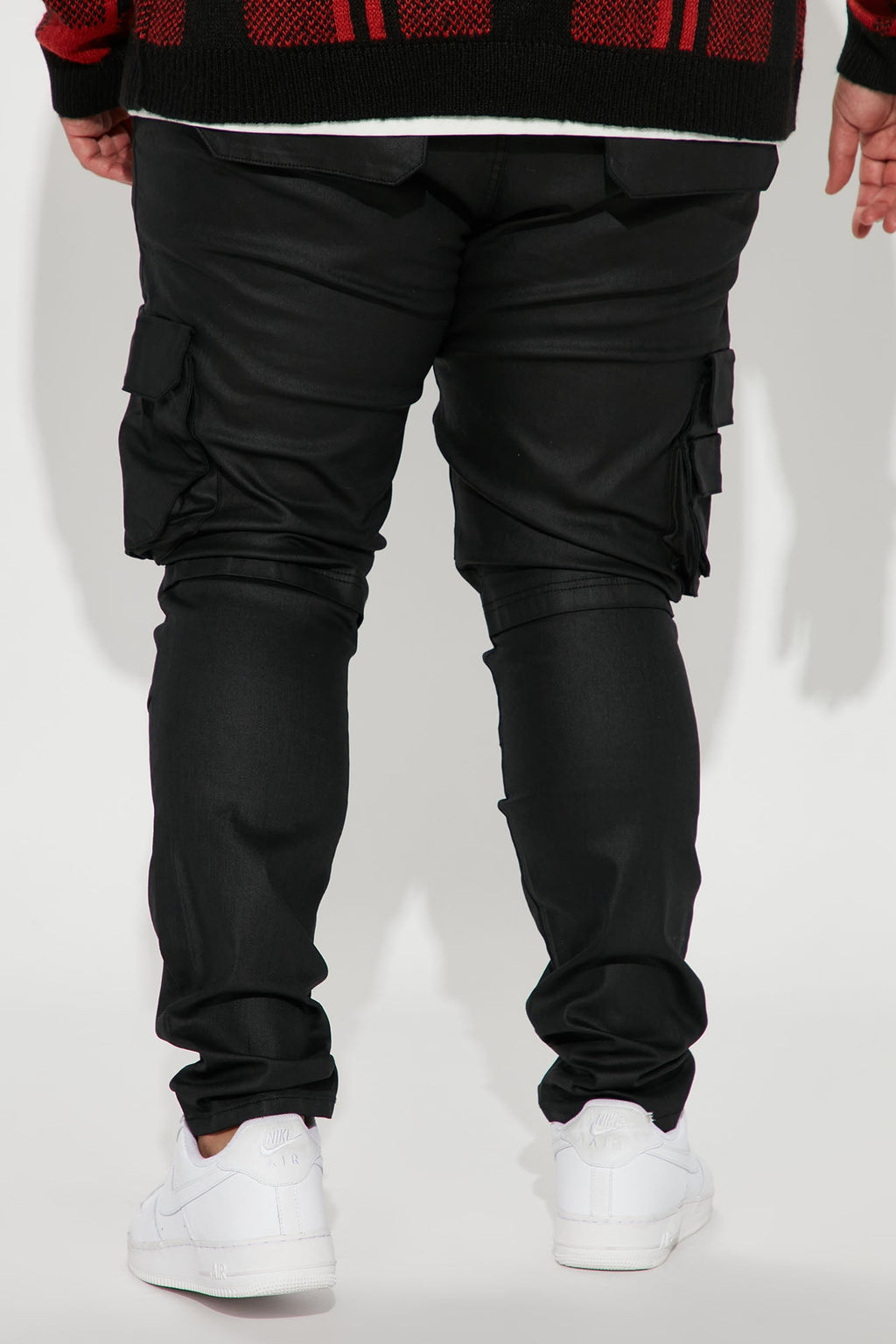 Flap Pockets Waxed Stacked Skinny Cargo Jeans - Black