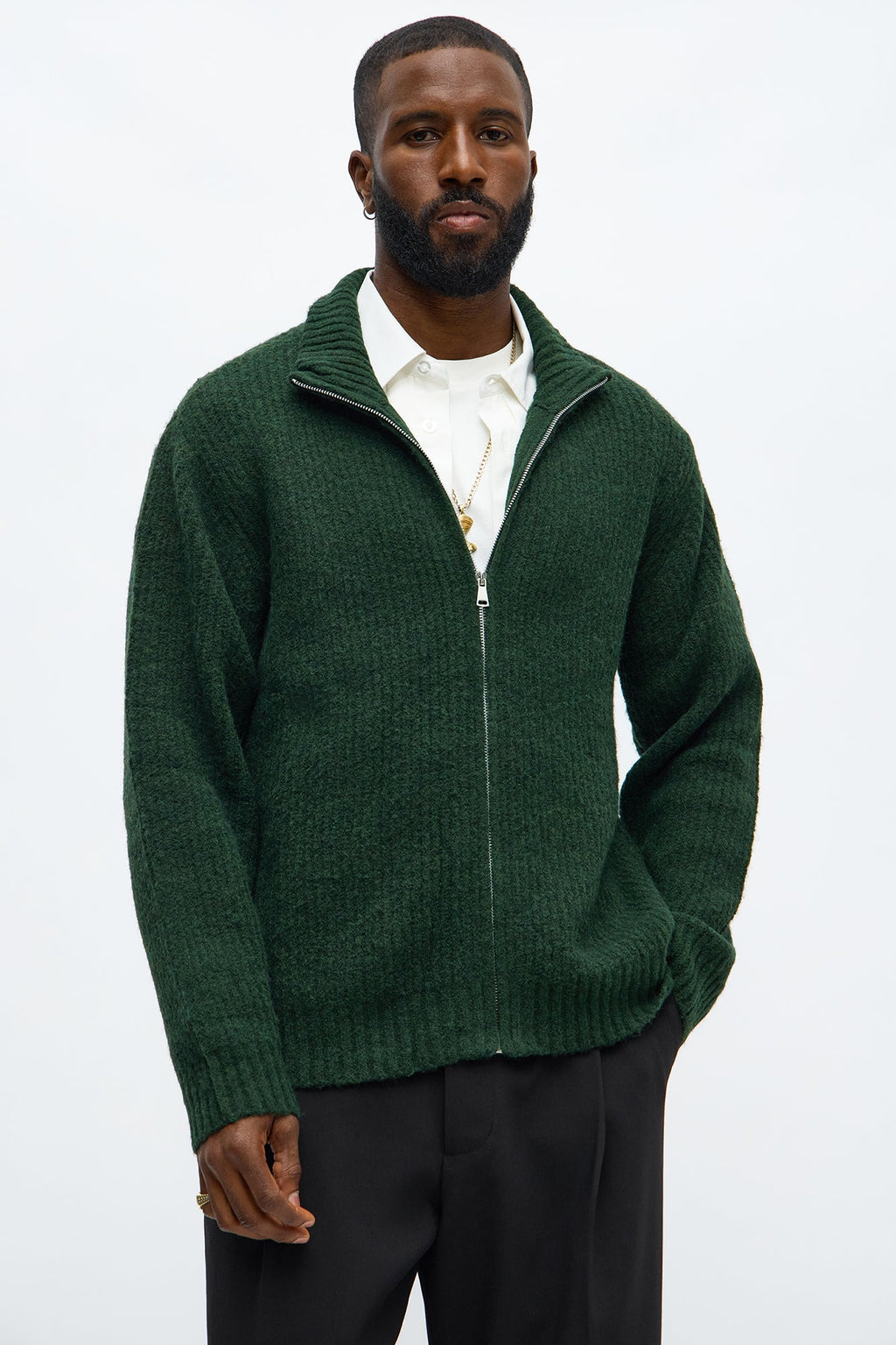 Oversized Willow Ribbed Zip Up Sweater - Olive