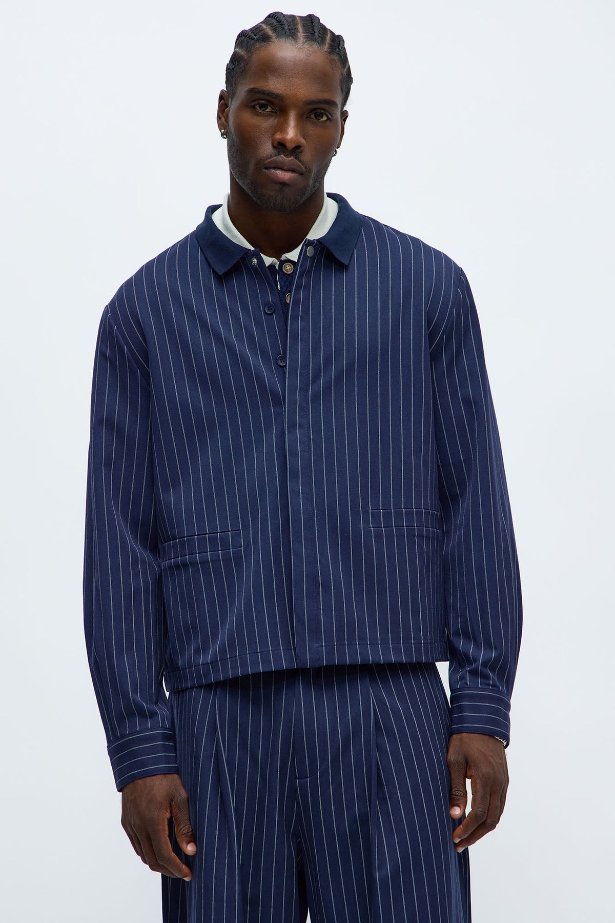 Straight Striped Elevated Shirt Jacket - Navy