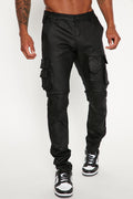 Flap Pockets Waxed Stacked Skinny Cargo Jeans - Black
