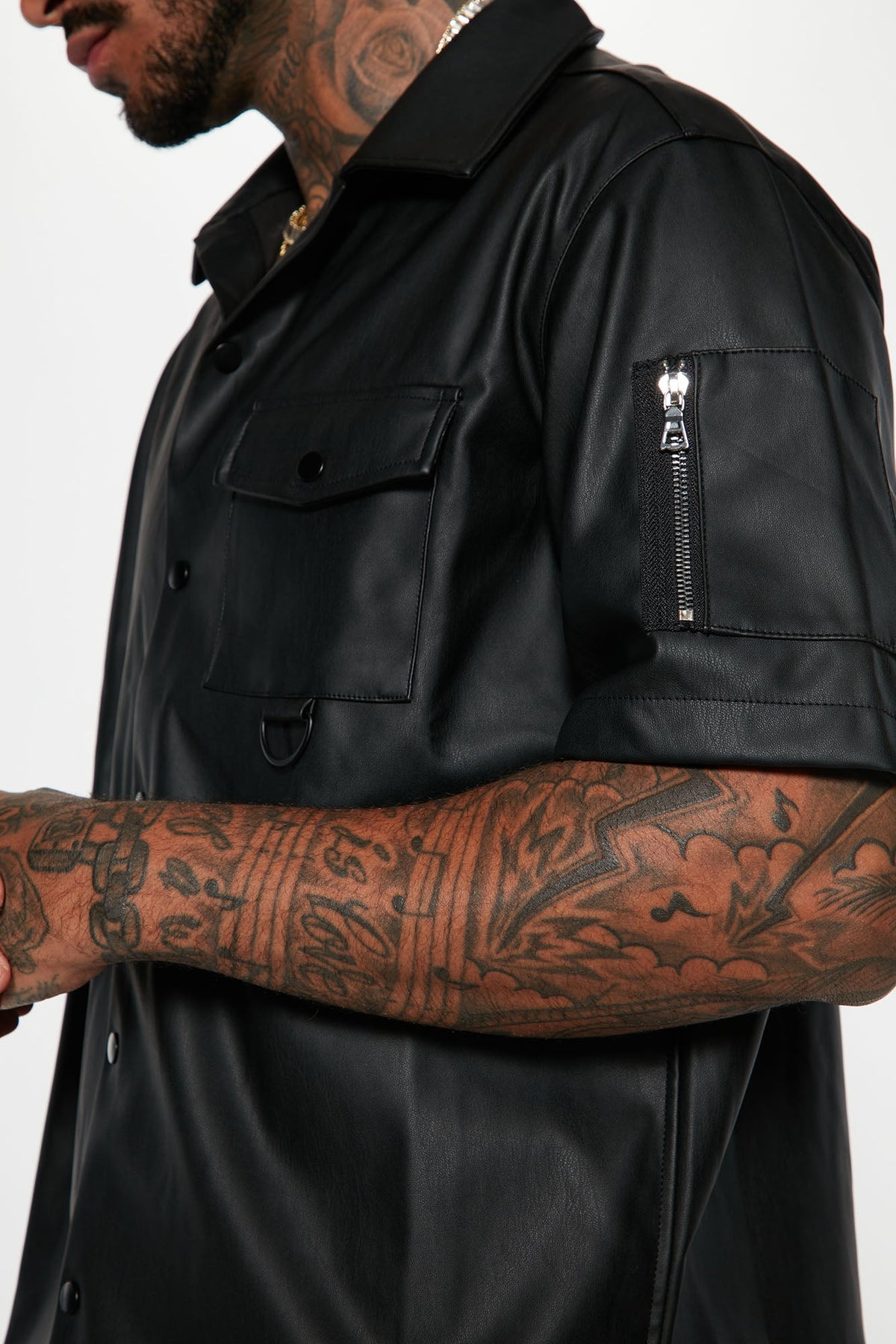 Utility Faux Leather Short Sleeve Button Up Shirt - Black