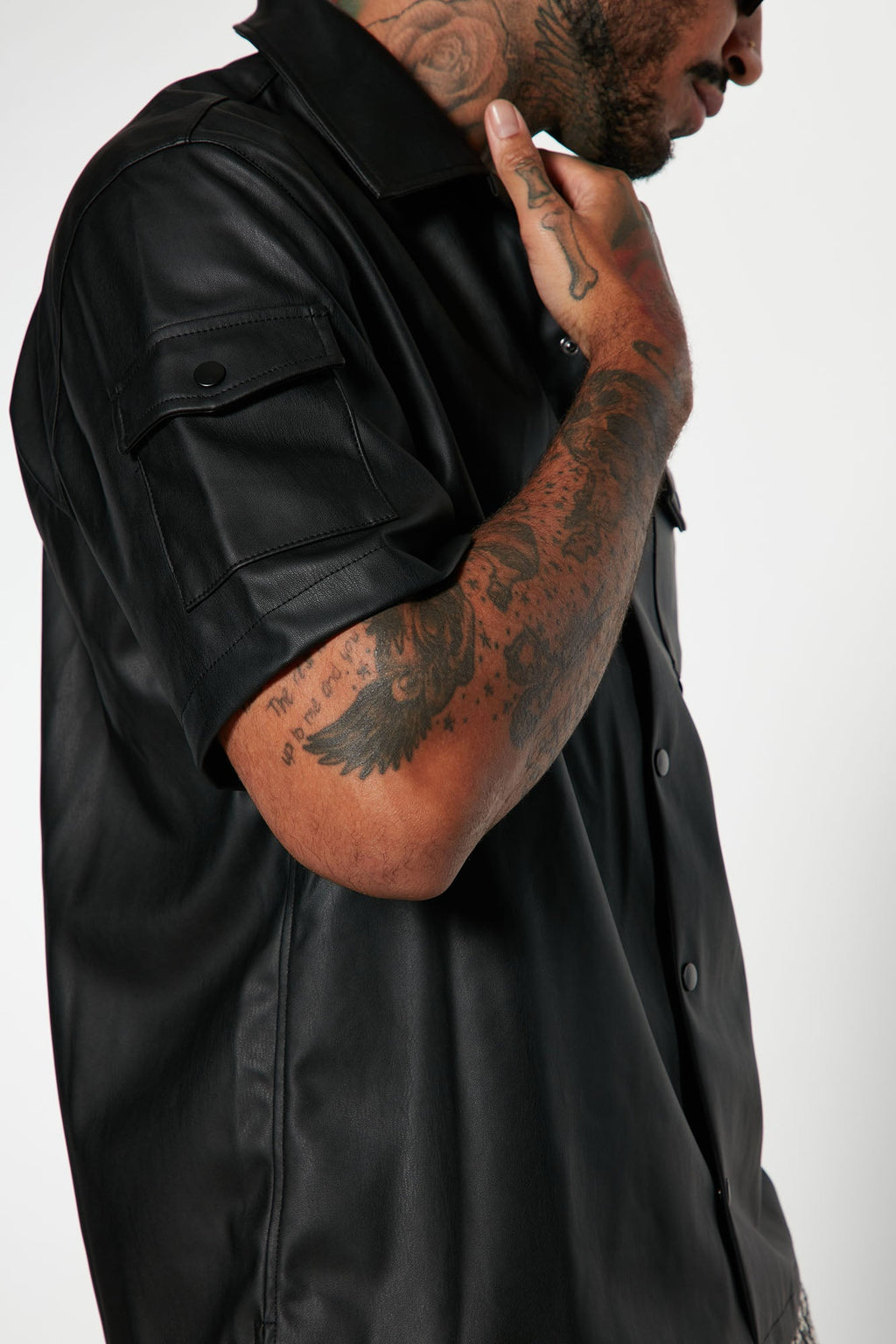 Utility Faux Leather Short Sleeve Button Up Shirt - Black