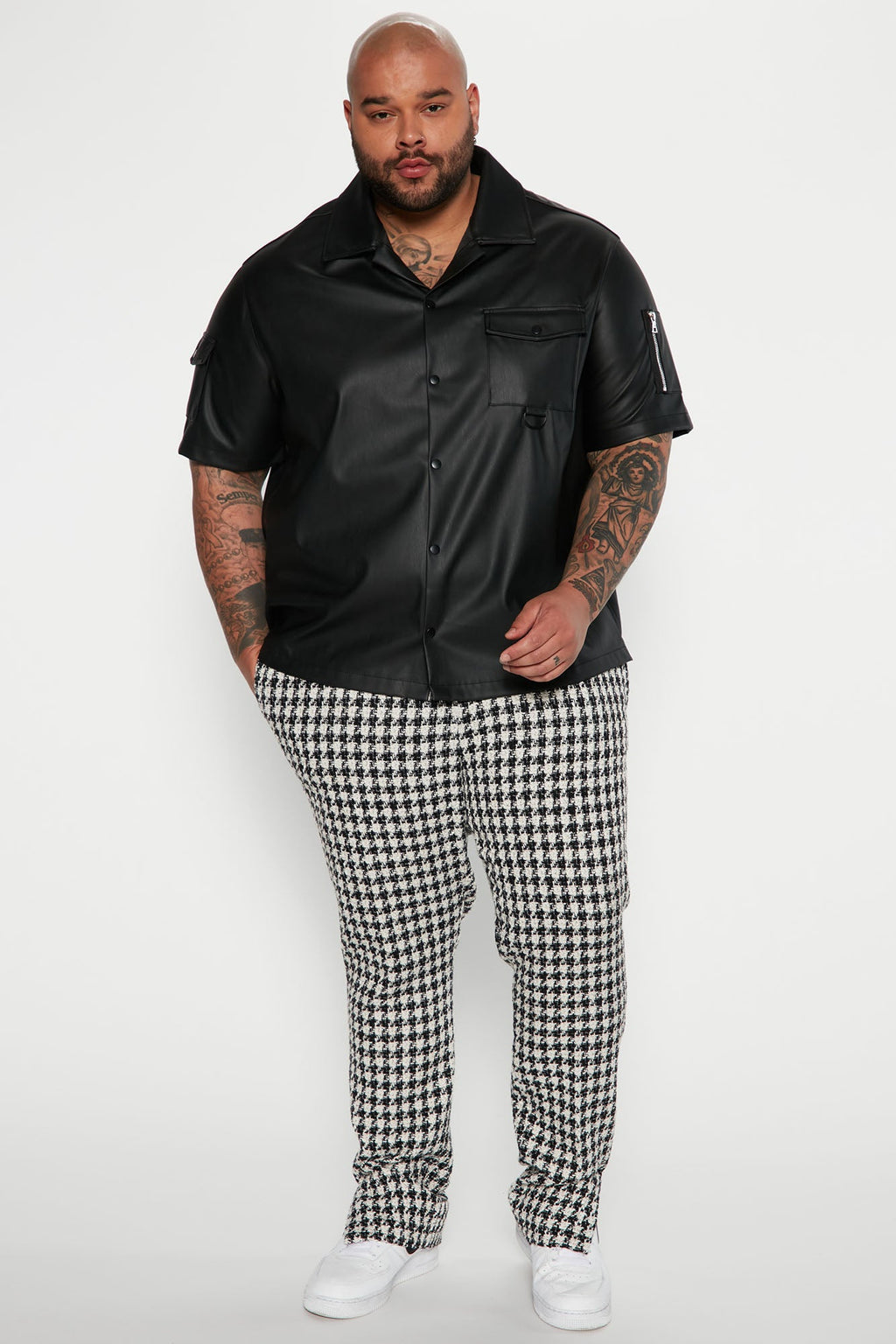 Utility Faux Leather Short Sleeve Button Up Shirt - Black