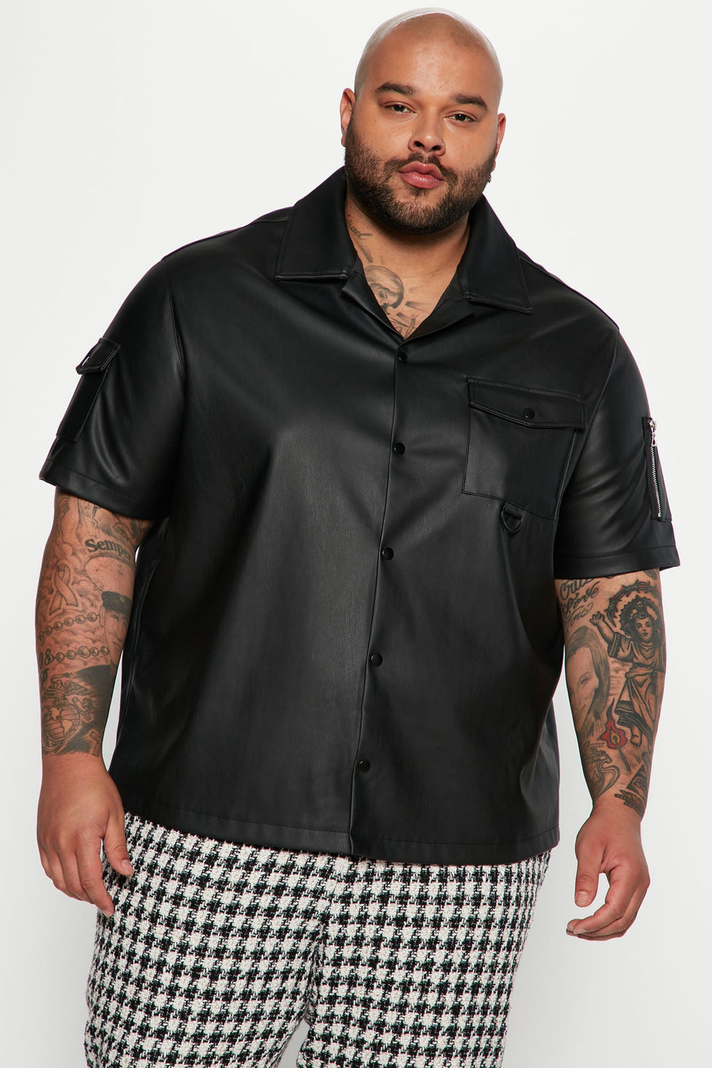 Utility Faux Leather Short Sleeve Button Up Shirt - Black