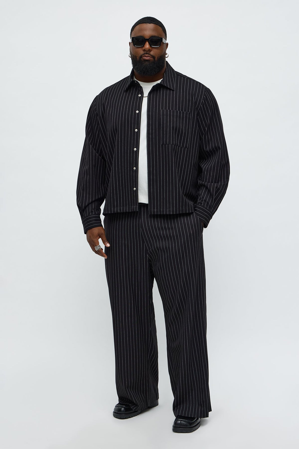 Cropped Striped Button Up Shirt - Black