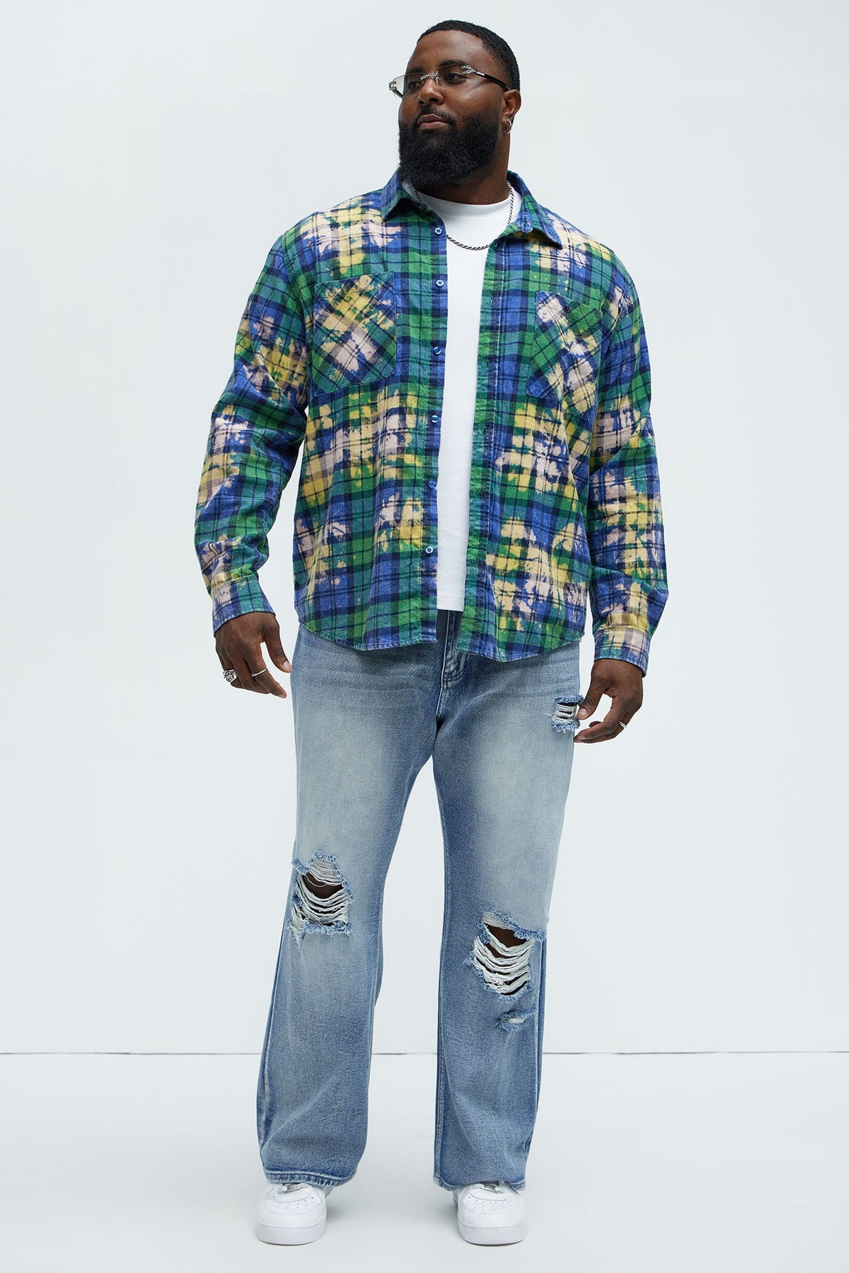 Ekon Bleached Plaid Shirt - Blue/combo