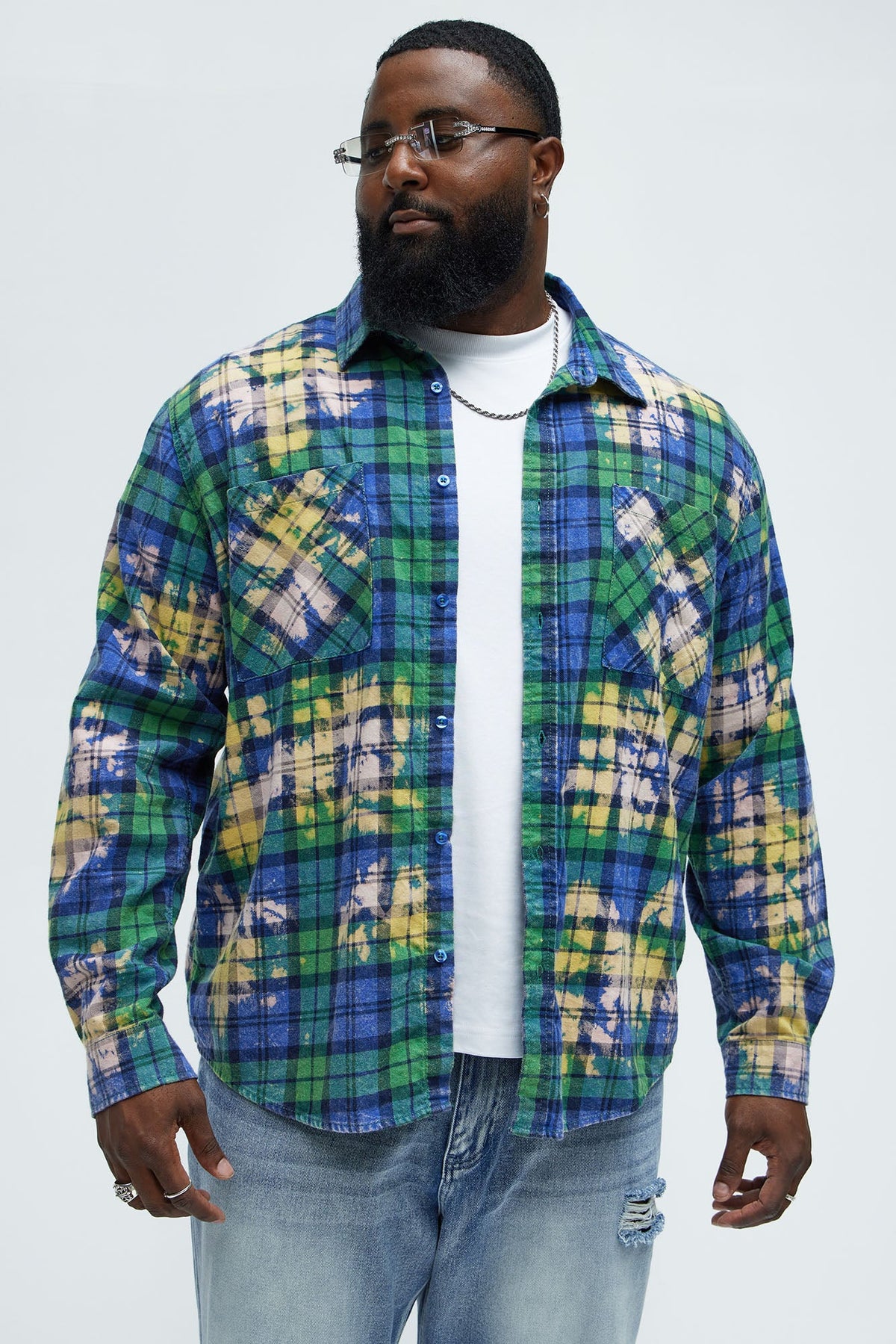 Ekon Bleached Plaid Shirt - Blue/combo
