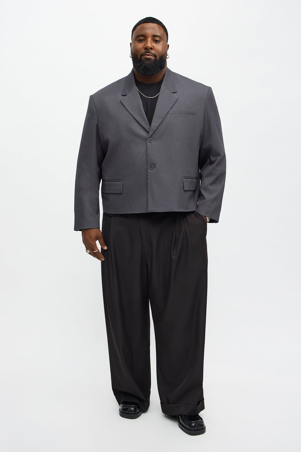 Gabardine Boxy Cropped Single Breasted Blazer - Charcoal