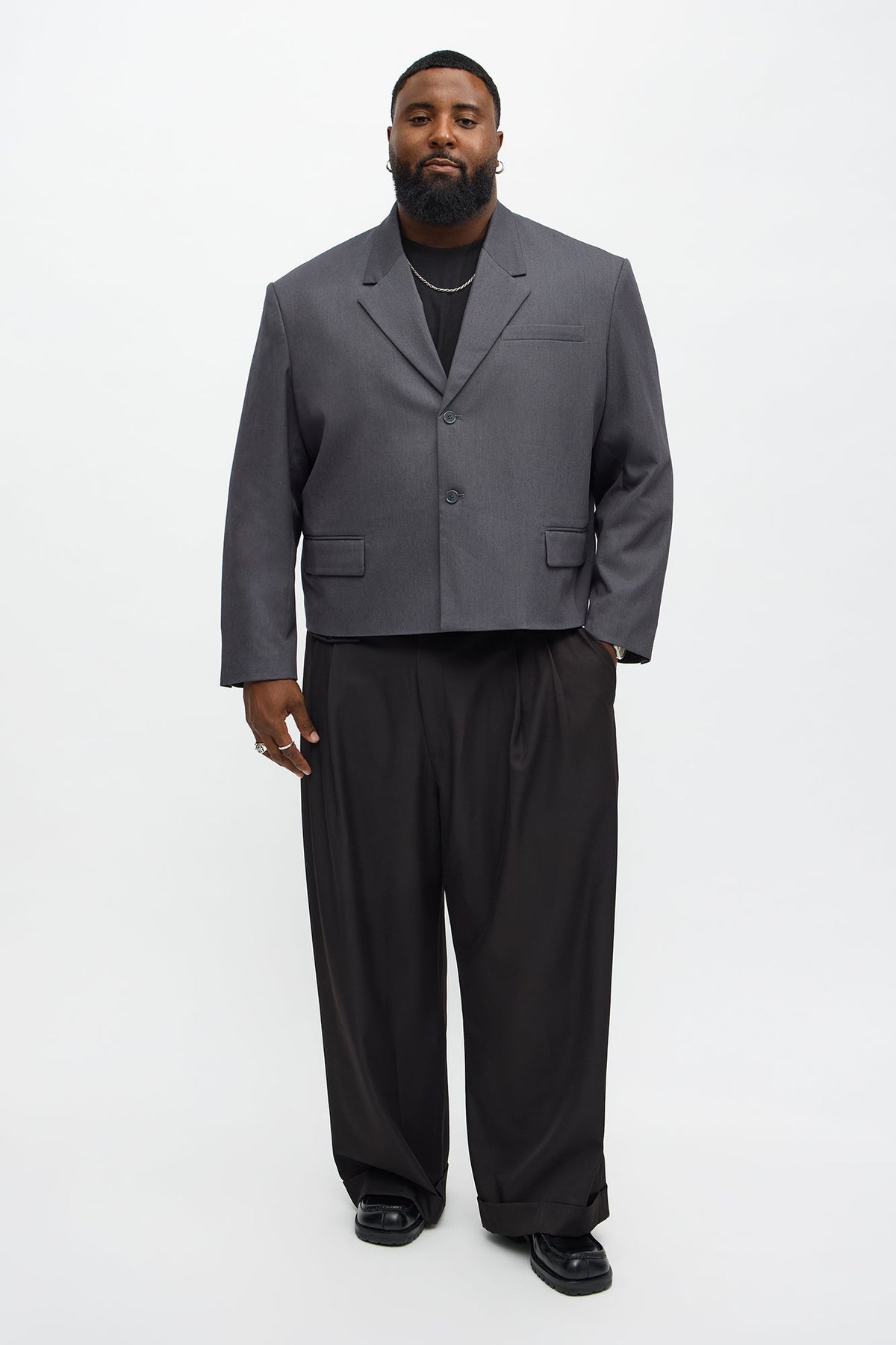 Gabardine Boxy Cropped Single Breasted Blazer - Charcoal