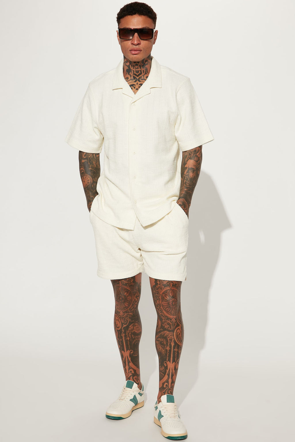 Dean Textured Short Sleeve Button Up Shirt - Cream