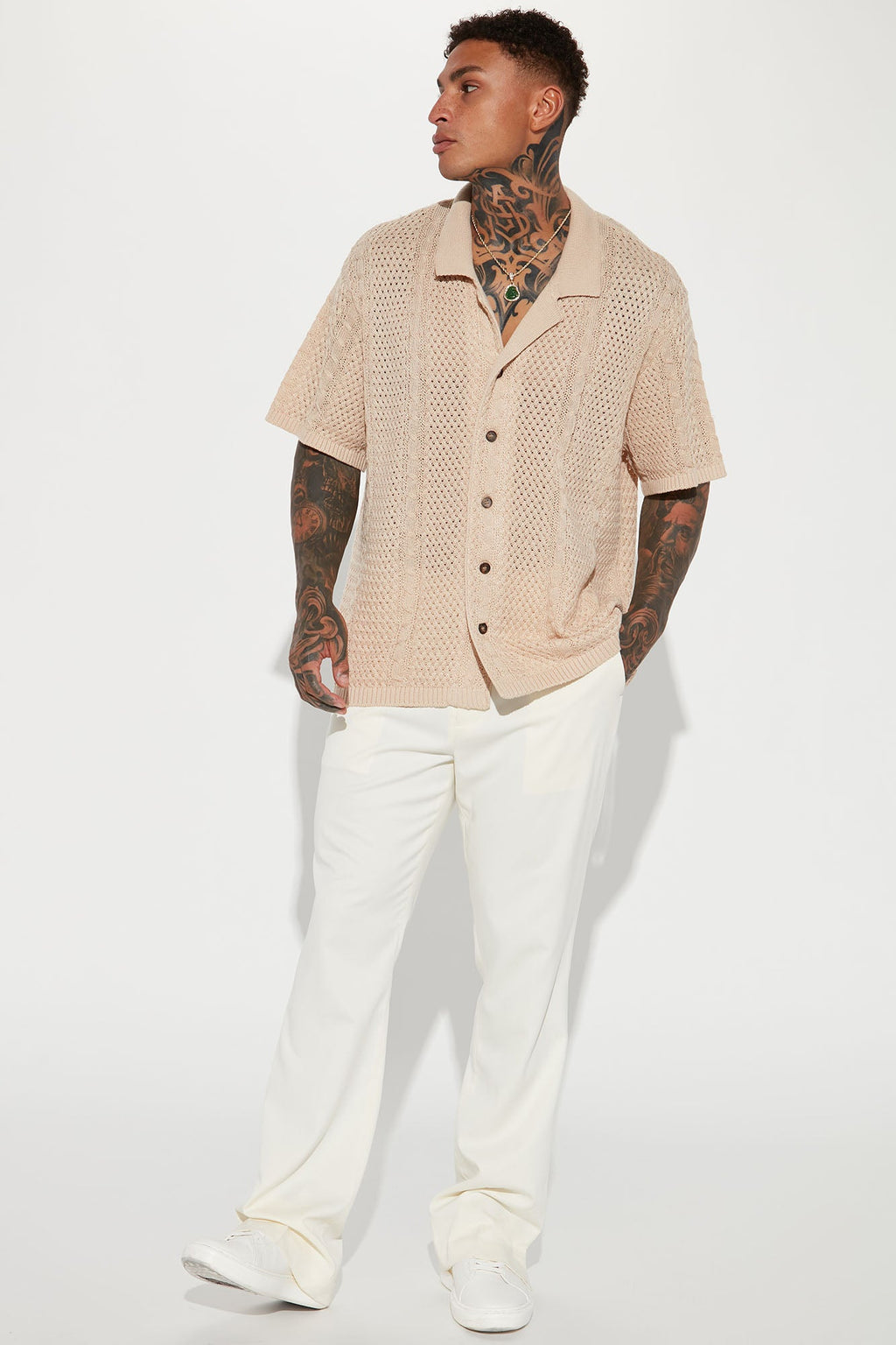 Unwind Cable Knit Short Sleeve Button Up - Oatmeal