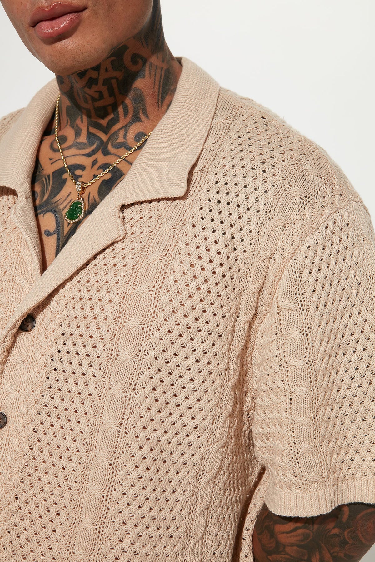 Unwind Cable Knit Short Sleeve Button Up - Oatmeal