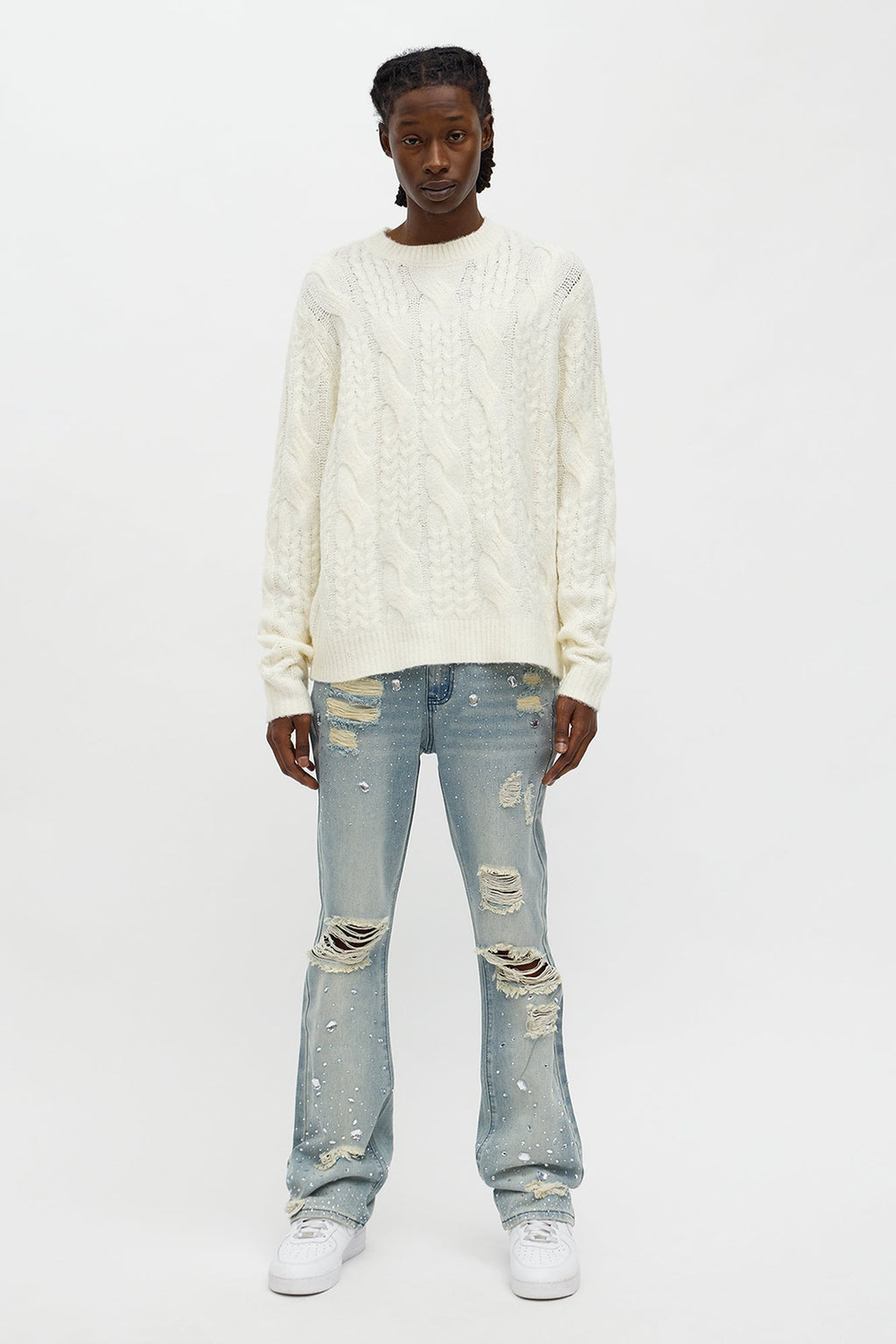 Stacked Skinny Flare Walk Me Through Jeweled Distressed Jean - Medium Blue Wash