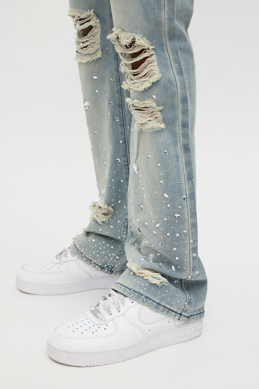 Stacked Skinny Flare Walk Me Through Jeweled Distressed Jean - Medium Blue Wash