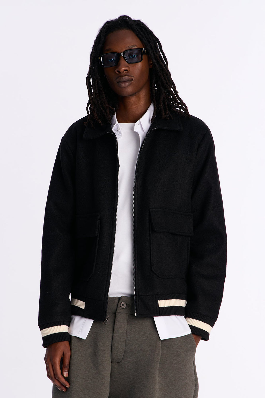 Retro Rib Wool Varsity Jacket - Black