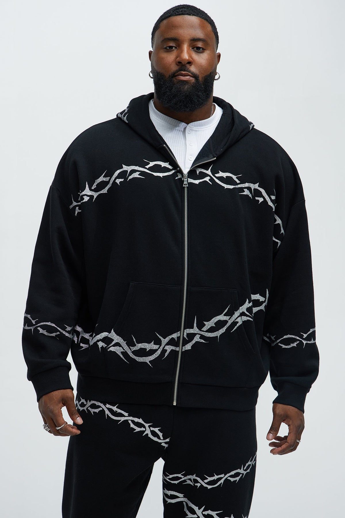 Tyson Barbed Wire Oversized Zip Hoodie - Black