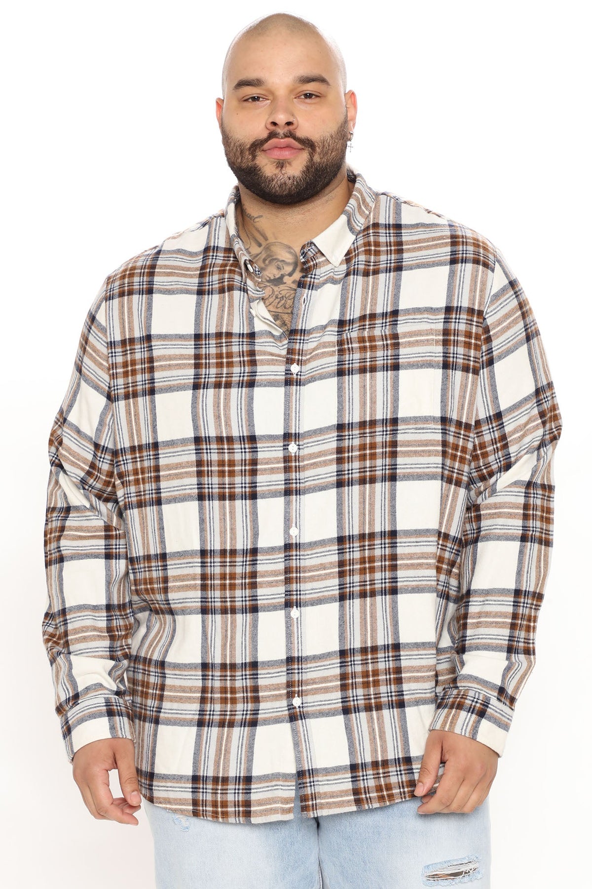 Light Breeze Plaid Long Sleeve Woven Top - Khaki/combo