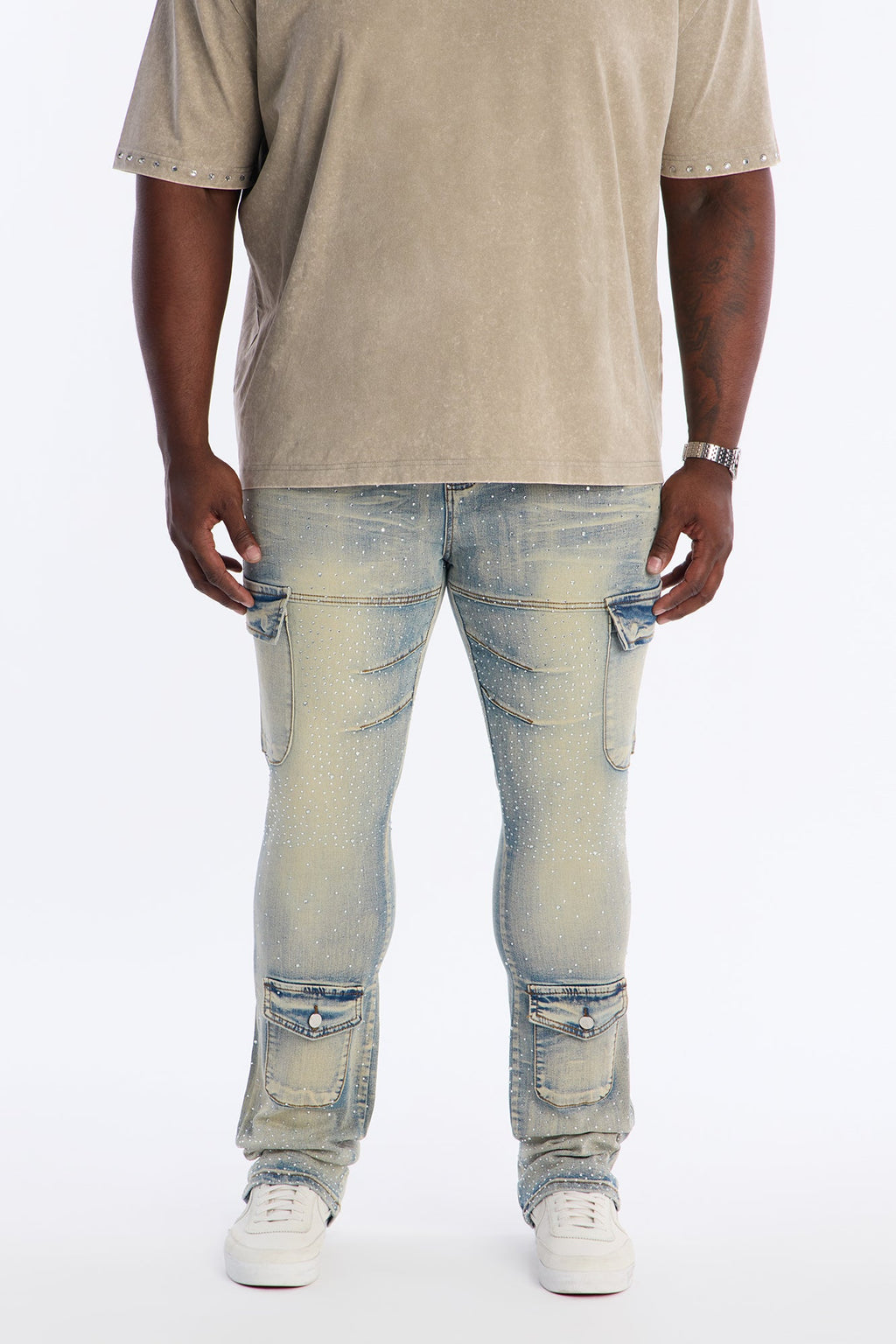 Stacked Skinny Flare Speckled Jeweled Cargo Jean - Medium Wash