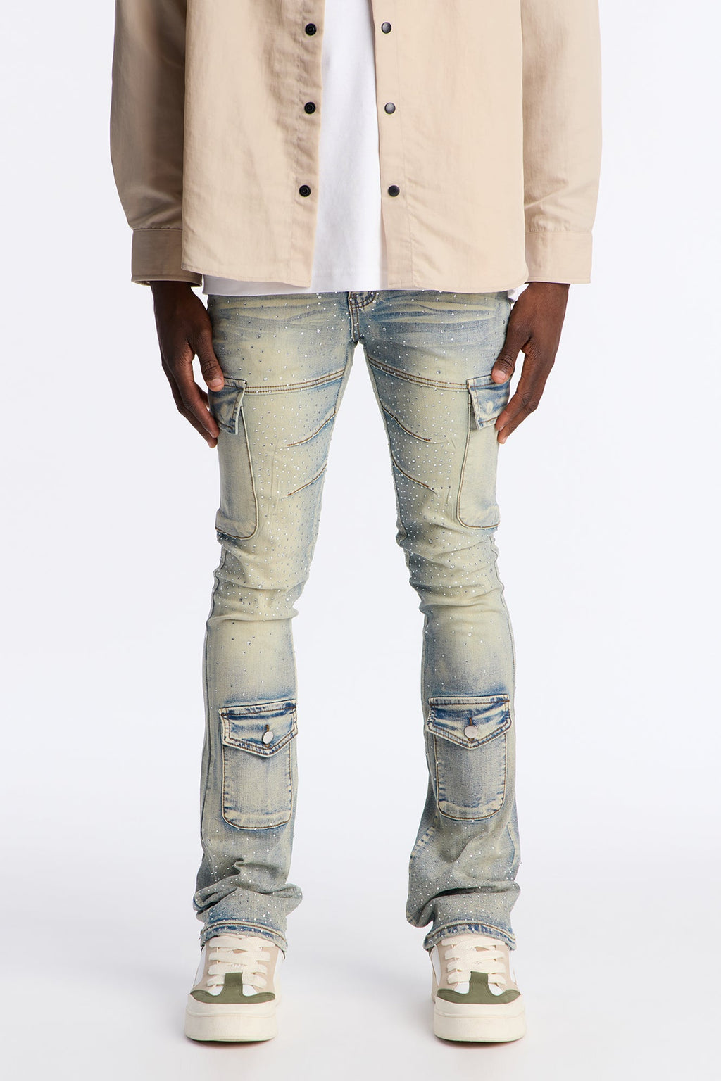 Stacked Skinny Flare Speckled Jeweled Cargo Jean - Medium Wash