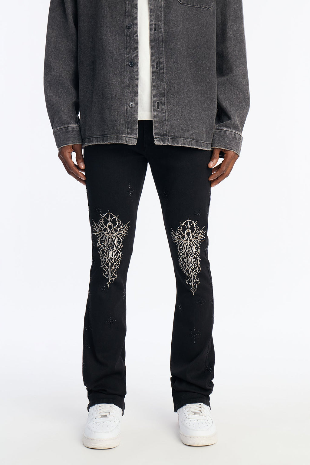 Stacked Skinny Flare Embroidered Saint Jeweled Jean - Black