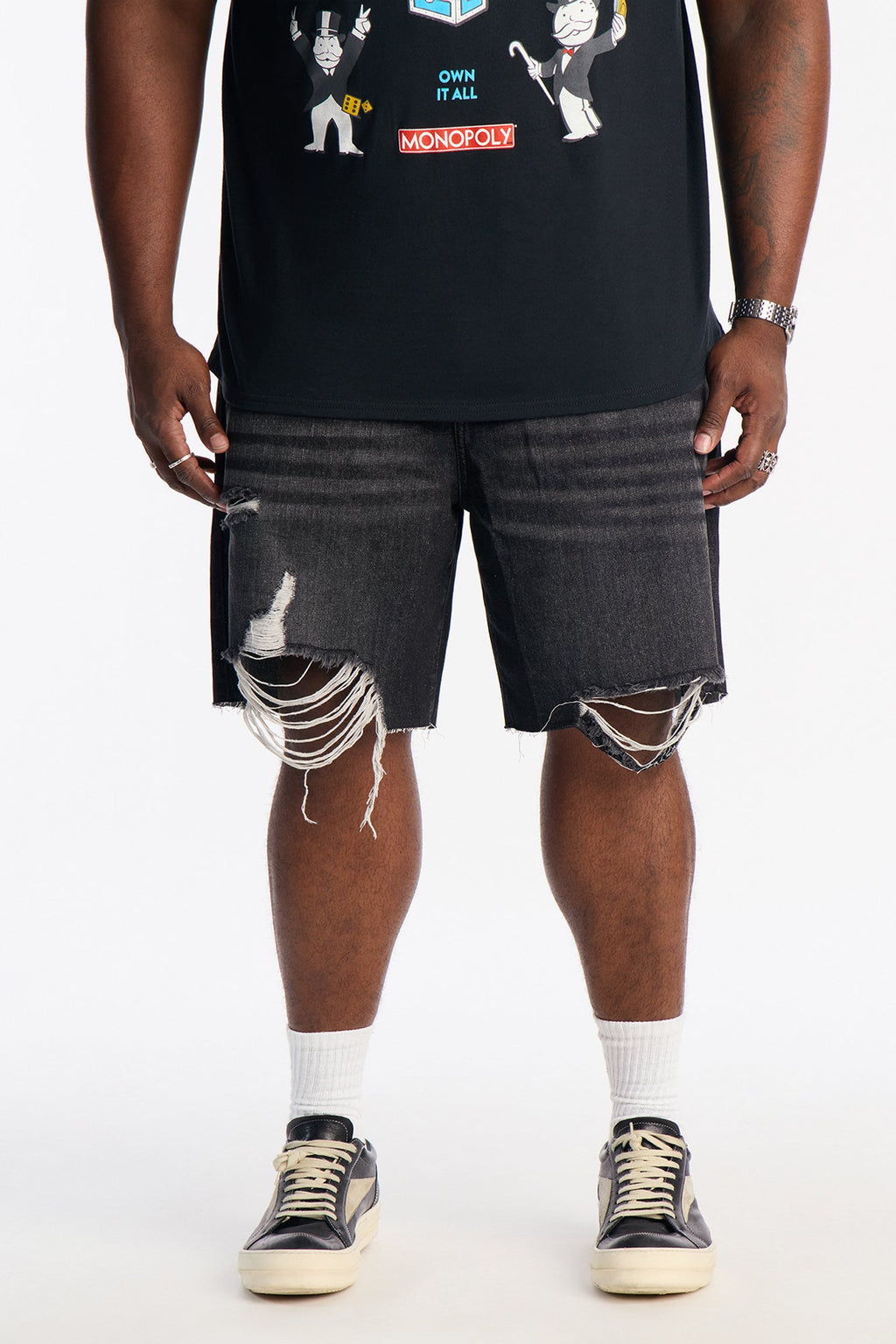 Relaxed Raw Hem Distressed Denim Shorts - Black Wash