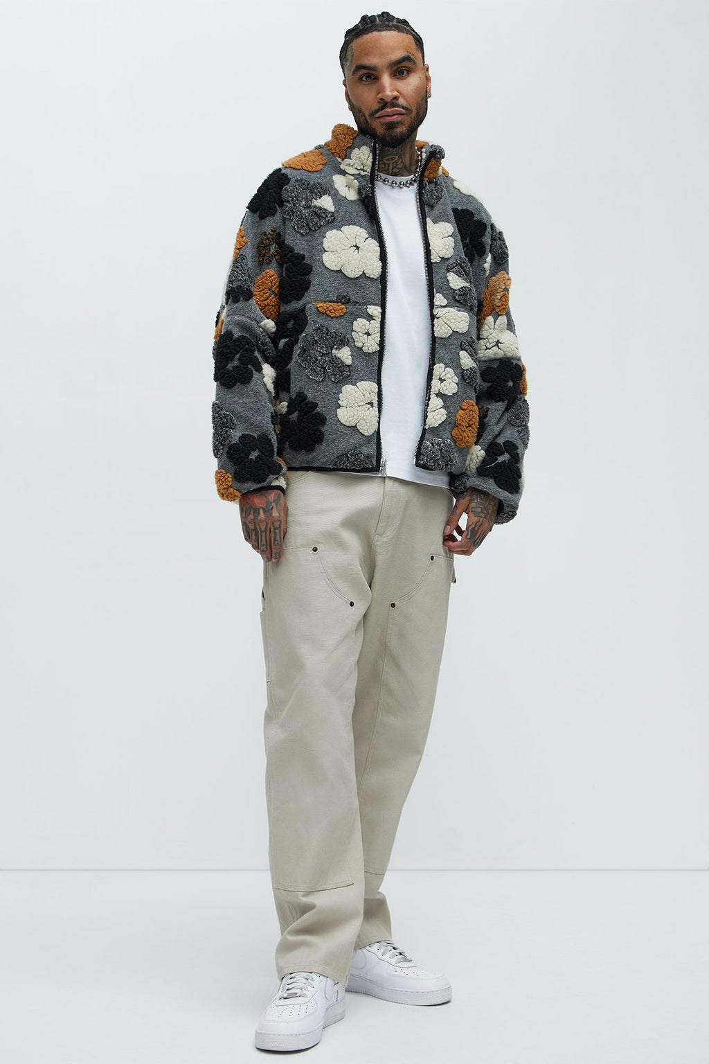 Sherpa Tears Oversized Zip Jacket - Grey/combo