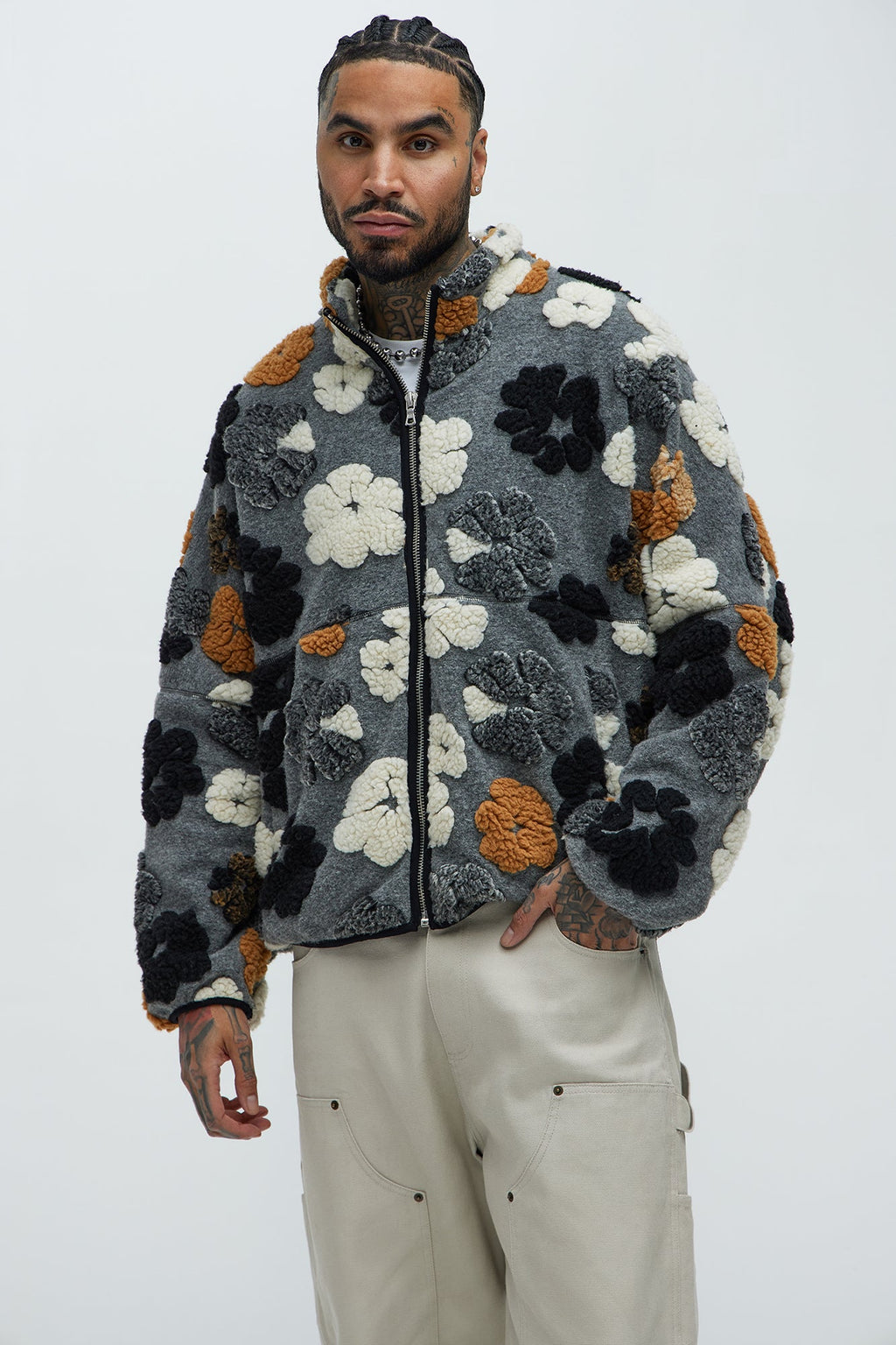 Sherpa Tears Oversized Zip Jacket - Grey/combo