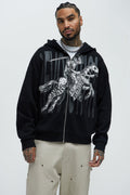 Tyson Crusader Printed Oversized Zip Hoodie - Black