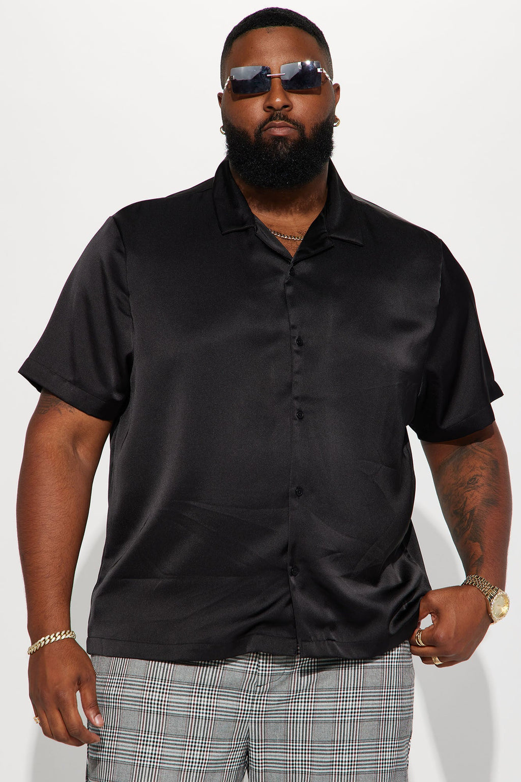Links Satin Short Sleeve Button Up Shirt - Black