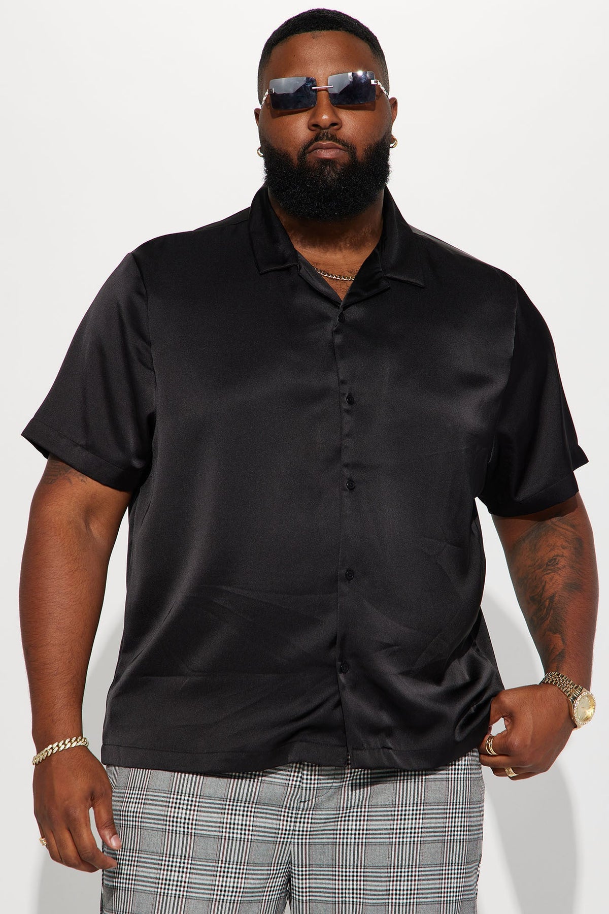 Links Satin Short Sleeve Button Up Shirt - Black