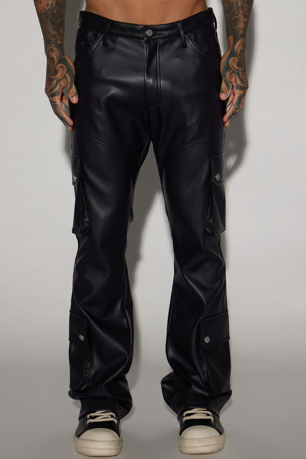 Name Of Love Faux Leather Stacked Slim Flare Pants - Black