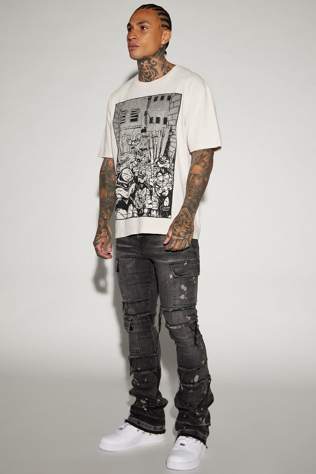 Side Snap Cargo Stacked Skinny Flare Jeans - Black Wash