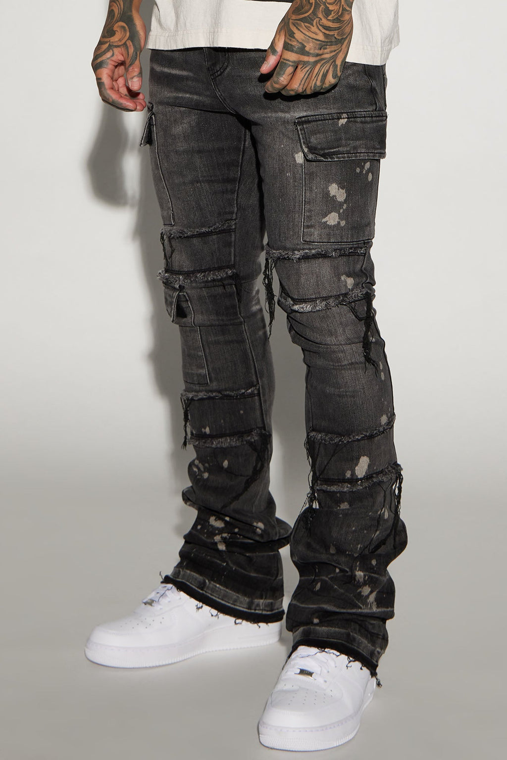 Side Snap Cargo Stacked Skinny Flare Jeans - Black Wash