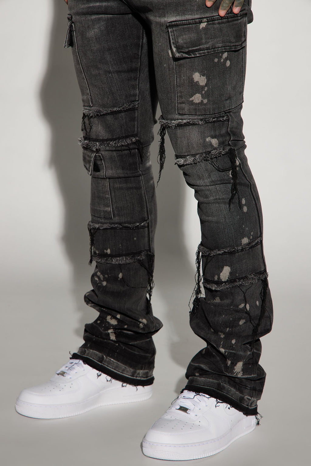 Side Snap Cargo Stacked Skinny Flare Jeans - Black Wash