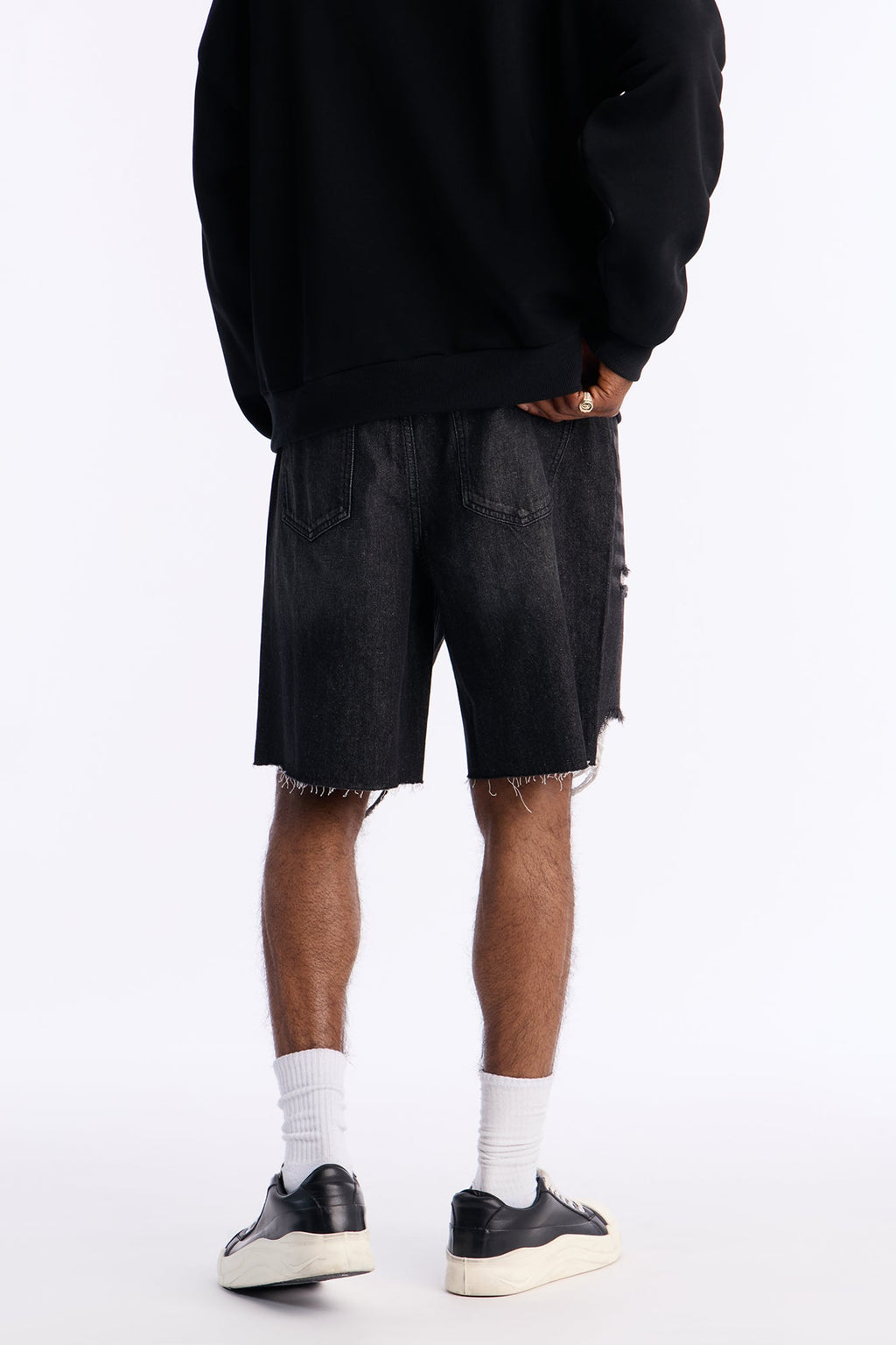 Relaxed Raw Hem Distressed Denim Shorts - Black Wash