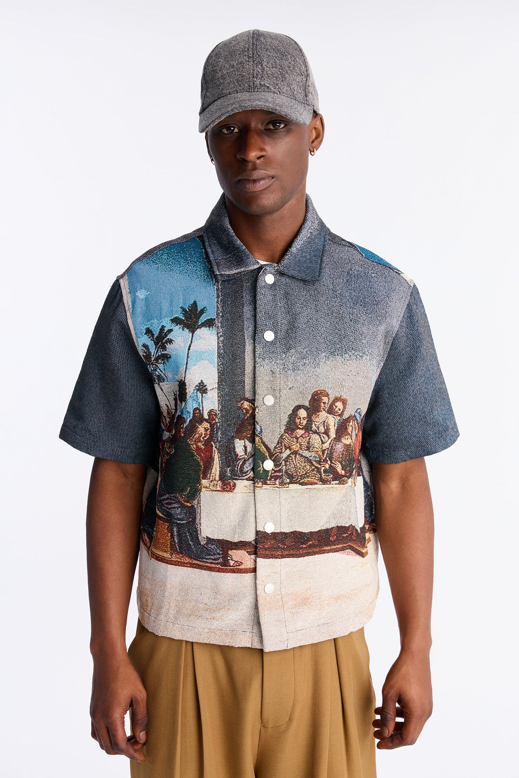 Cropped Relaxed Palm Vinci Button Up Shirt - Multi Color