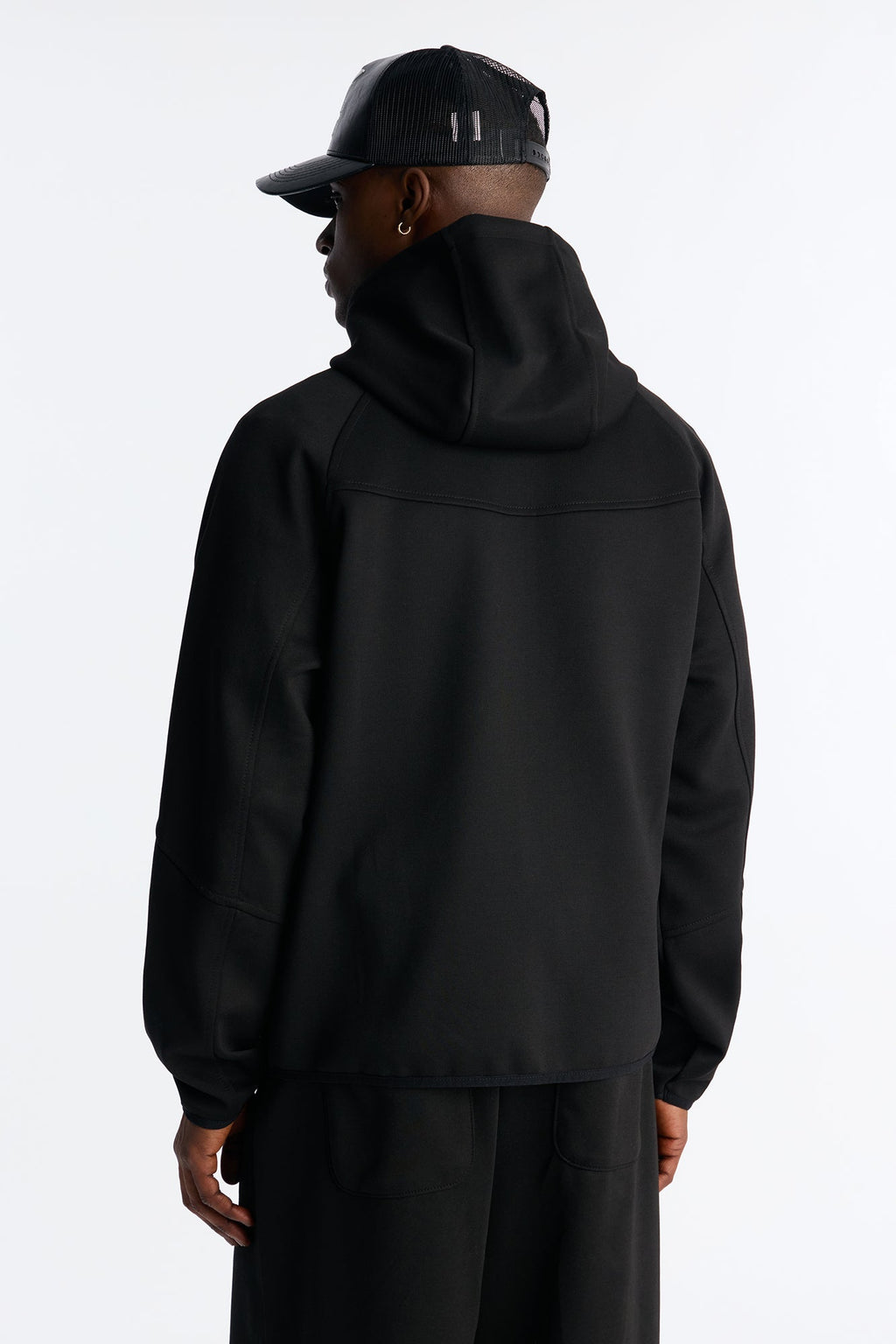 Structured Paneled Fleece Zip Up Hoodie  - Black