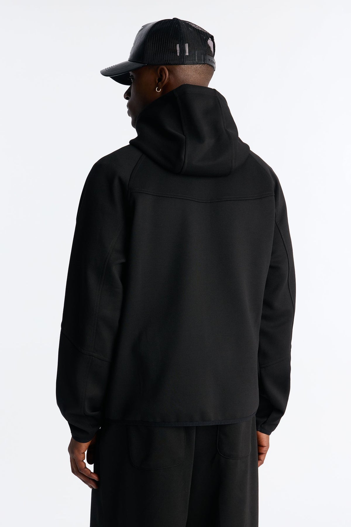 Structured Paneled Fleece Zip Up Hoodie  - Black