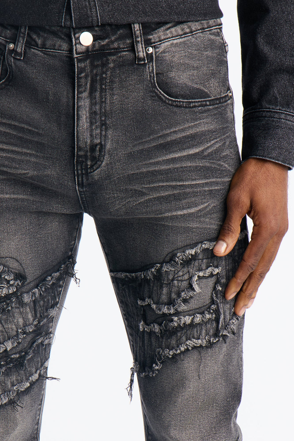 Stacked Slim Flare Fray Waves Jeans - Black Wash