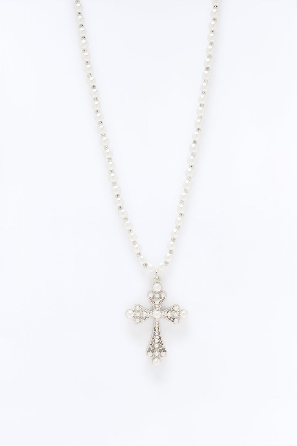 Rosary Pearl Cross Pendant Necklace - Silver
