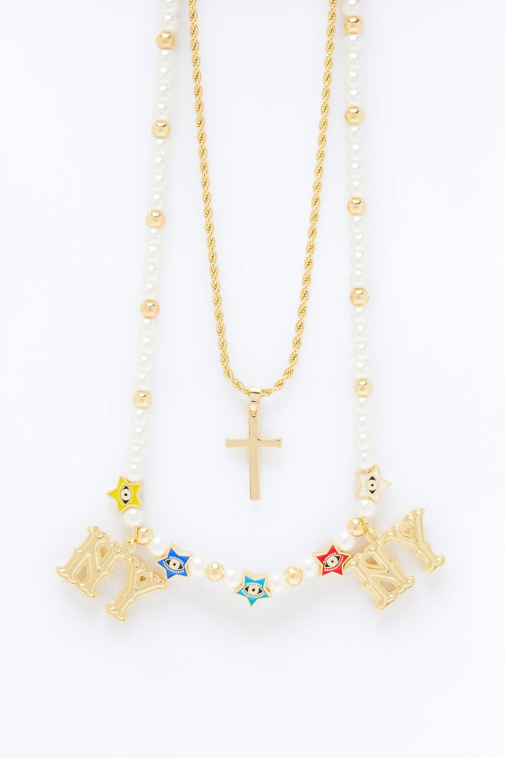NY Pearl Charm And Layered Cross Pendant Necklace Set - Gold